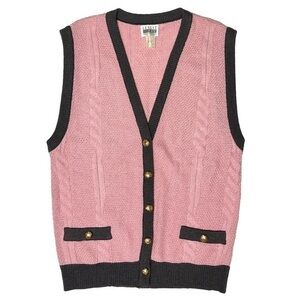 Vintage Pink Cable Knit Cottagecore Long Sweater Vest Button Up Leslie Fay 10